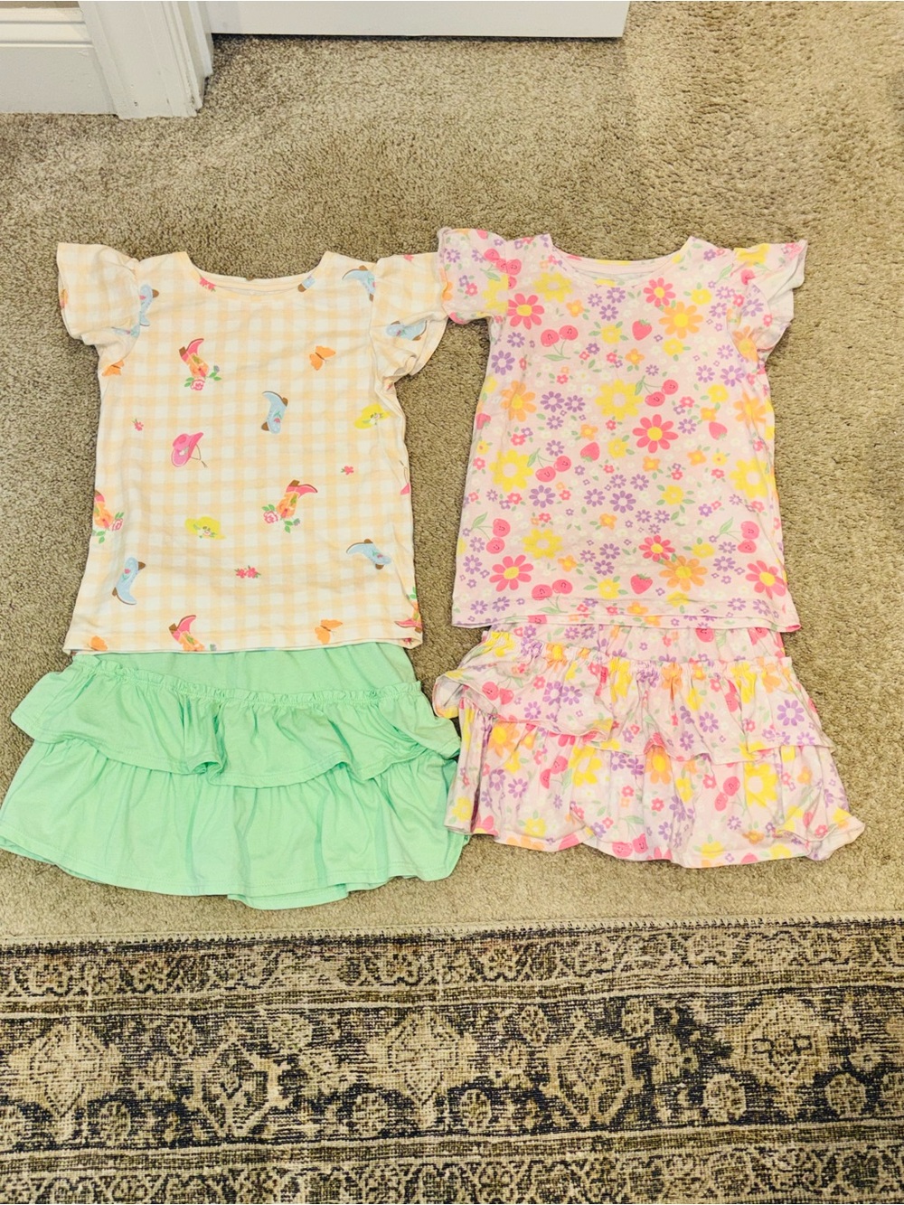 Girls Two-Piece Floral & Cowboy Gingham Ruffle Sets - Pink, Yellow, Mint
